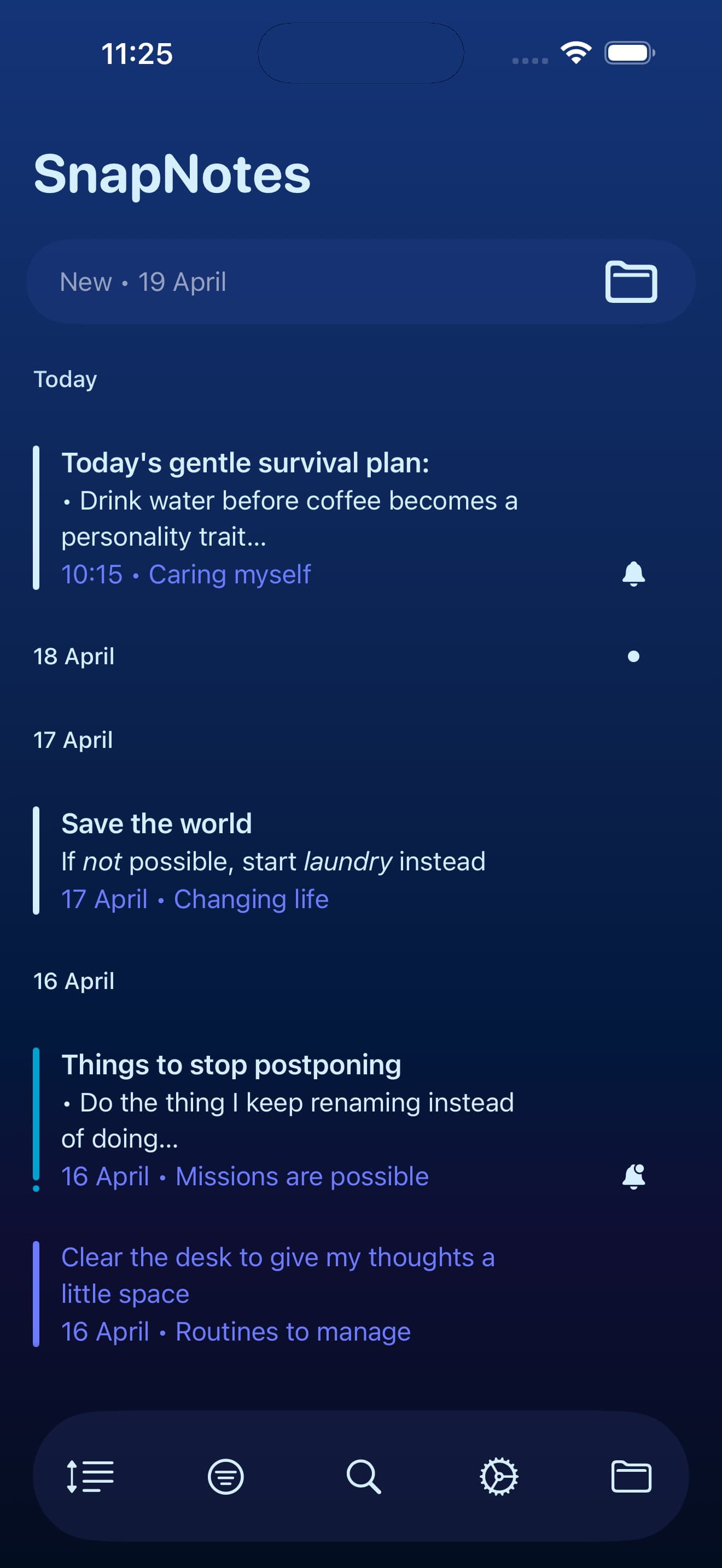 Notes screen