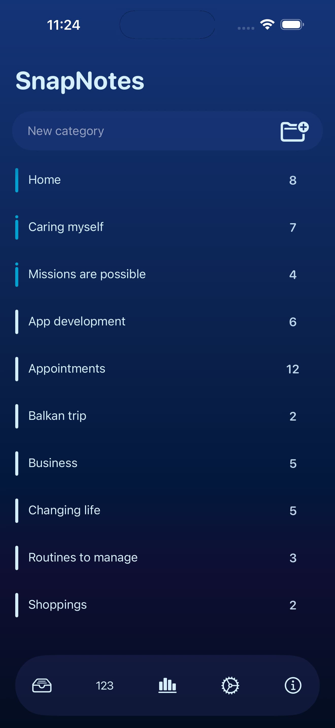 Categories screen